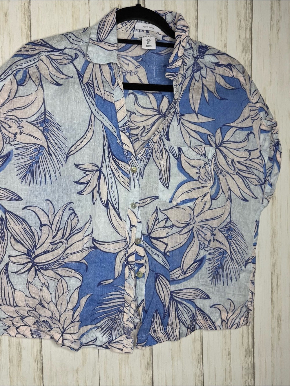 Halston 100% linen Blue White Floral Shirt